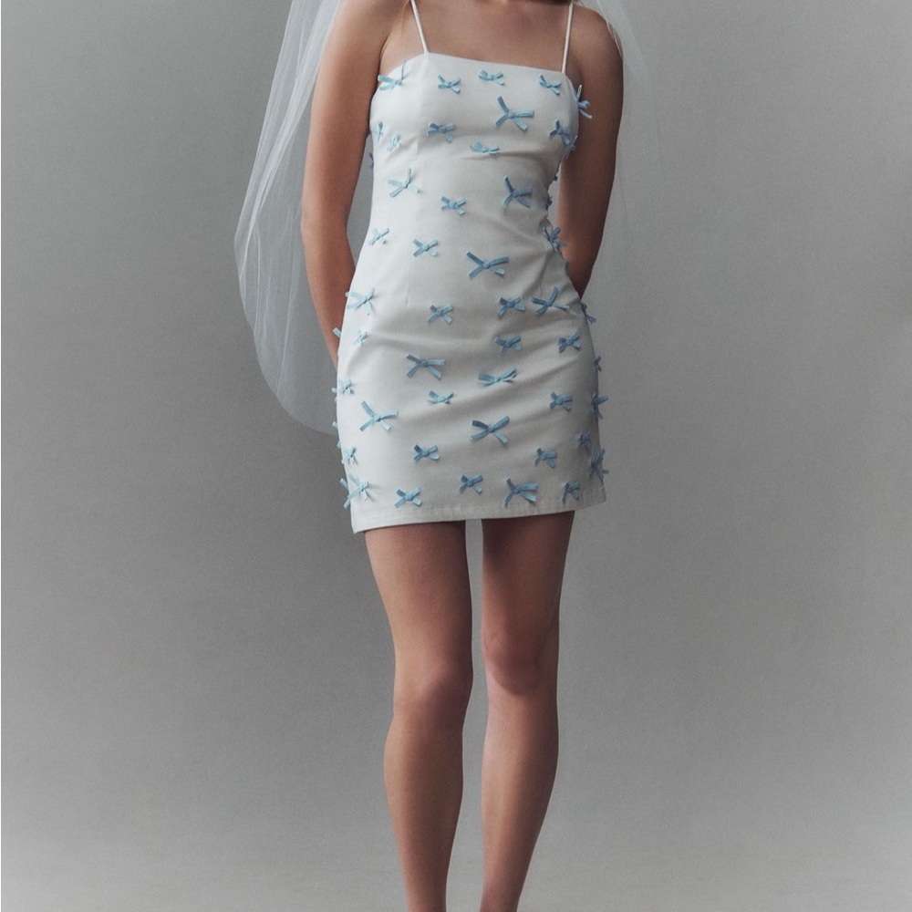 White Mini Slip Dress with Blue Bow Accents